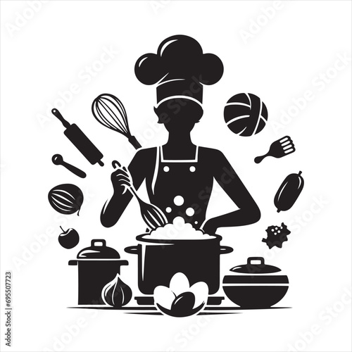 Girl Cooking Silhouette: Women Showcasing the Art of Cooking in Graceful Black Silhouettes - Minimallest Woman Cooking Black Vector Lady Silhouette

