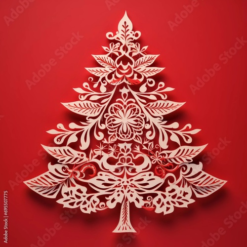 Christmas tree. Paper cut on red background with shadow, Ai generator