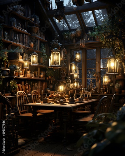 Interior of a restaurant at night. 3d rendering, 3d illustration.