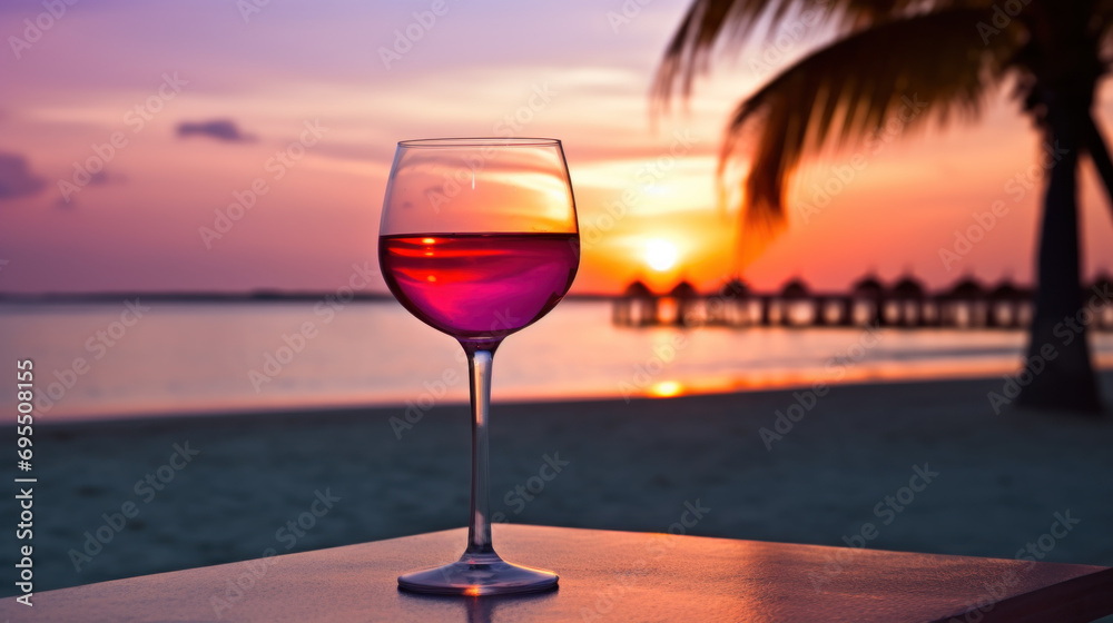 Red drink on ocean beach, impressive sunset