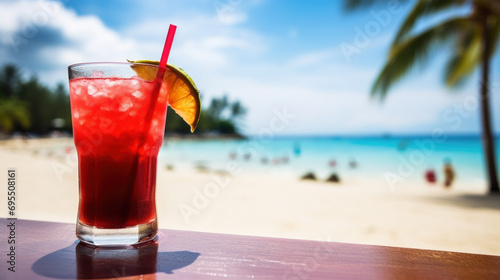 Red cocktail with lime on tropical beach, sunny afternoon