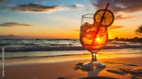 Glass of fizzy citrus cocktail on beach, sunset