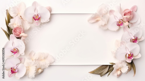 Postcard mockup with white orchid flowers, pastel colors