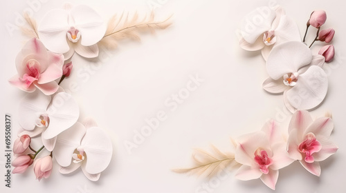 Postcard mockup with white orchid flowers  pastel colors