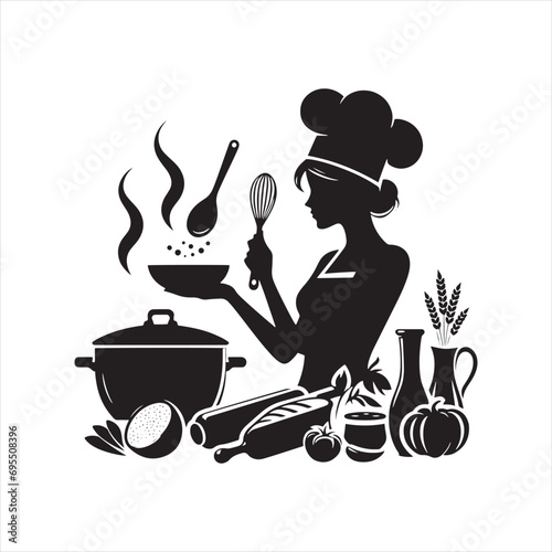 Girl Cooking Silhouette: Silhouetted Women Mastering the Art of Cooking - Minimallest Woman Cooking Black Vector Lady Silhouette
