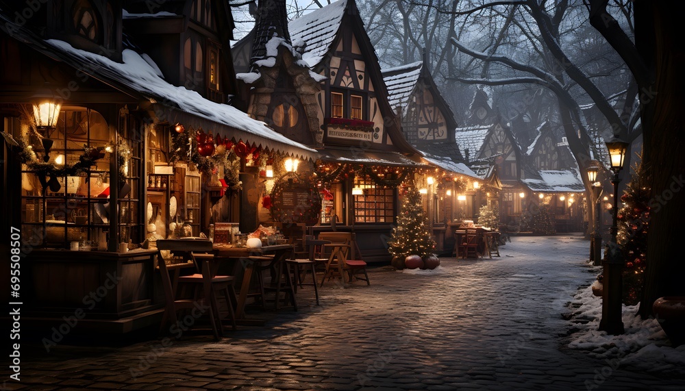 Night view of old european village in winter with snow.