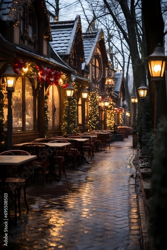 Tables and chairs in a street cafe in the evening, with Christmas decorations