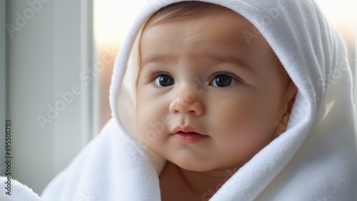 close-up of a cute little child smile happily Bright white skin, clear eyes, crawling on a soft cushion. Wrapped or cover in a soft, clean white cloth blanket. By the window in the living room