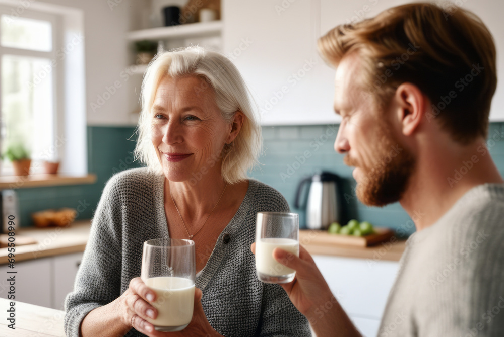 The happiness of a senior male and female couple drinking milk. For strong health, strengthen bones, nourishing the brain, concepts of taking care of your health and body. The happiness of a senior male and female couple drinking milk. For strong health, strengthen bones, nourishing the brain, concepts of taking care of your health and body.