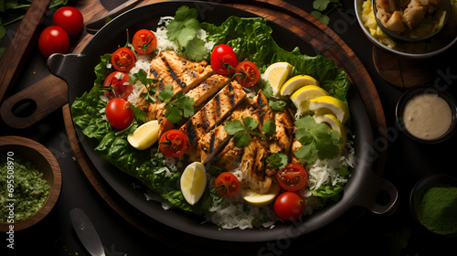 Gourmet Revelry: Grilled Chicken Caesar Extravaganza with Fresh Lettuce and a Mosaic of Ingredients, Each Bite a Celebration of Flavor