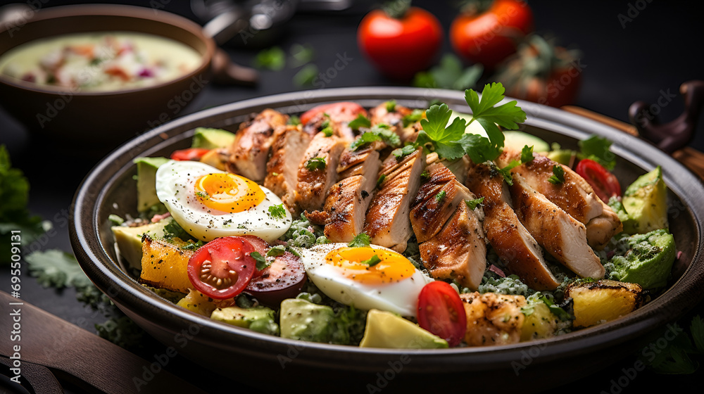 Artisanal Delight: Grilled Chicken Caesar, a Canvas of Grilled Perfection, Fresh avocados, eggs, tomatoes, and a Palette of Ingredients Crafted for Discerning Palates