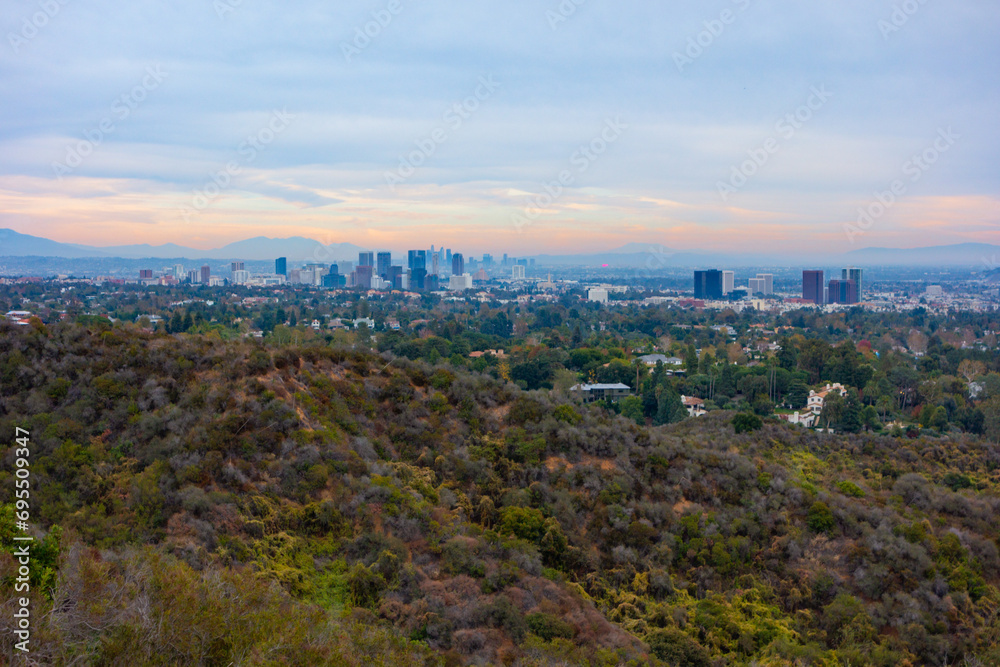 View during sunset of the City of Los Angeles taken from Inspiration Point in the Santa Monica Mountains.