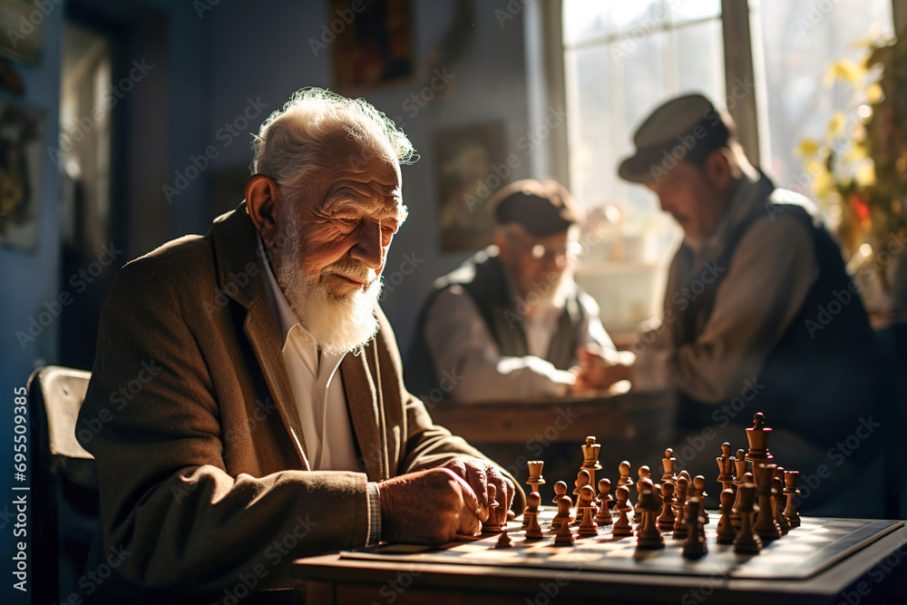 A group of elderly people playing a game of chess. - obrazy, fototapety, plakaty 