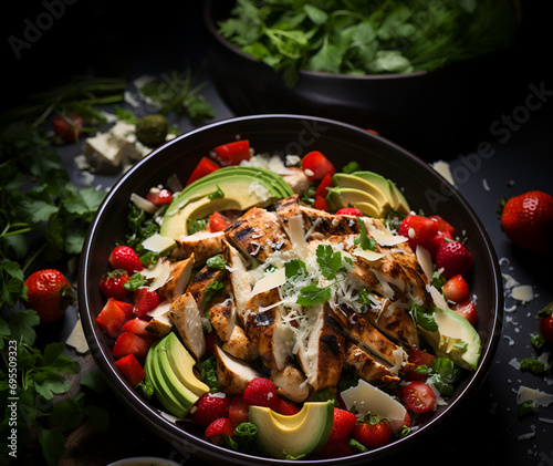 Grilled Chicken Caesar— A Composition of Tender Poultry, Crisp coriander, and an Orchestra of Freshly Sourced Ingredients like strawberries, avocados and tomatoes.