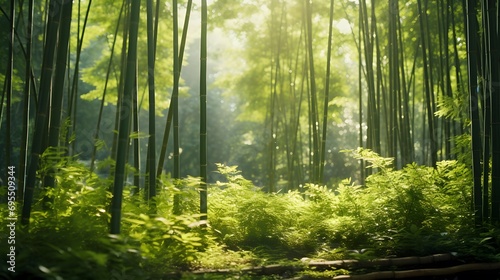Panoramic view of a green forest in the morning with sunbeams © Iman
