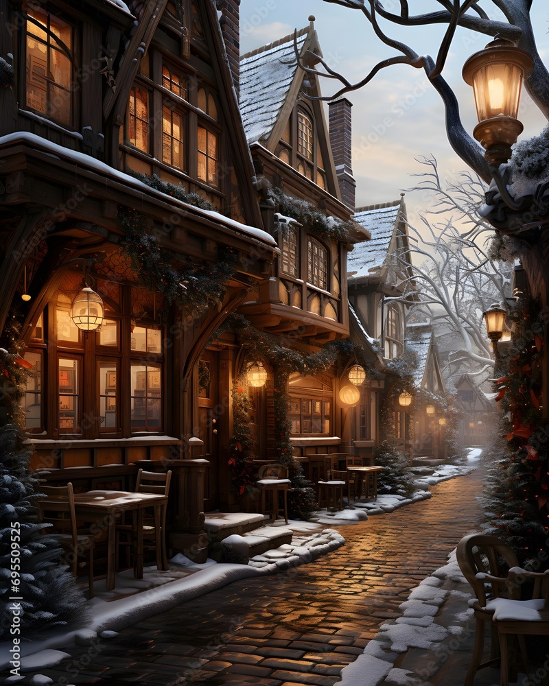 Christmas and New Year holidays in european city. Winter street with cozy houses and lanterns