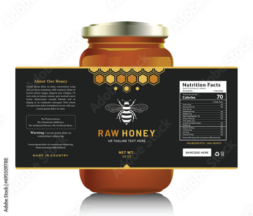 Honey black label sticker design bottle jar raw food banner bee product packaging.