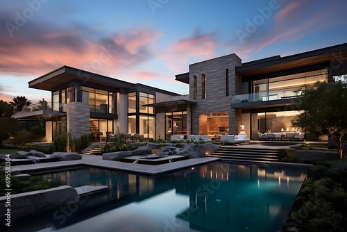 Panorama of modern luxury house with pool and beautiful landscaping.