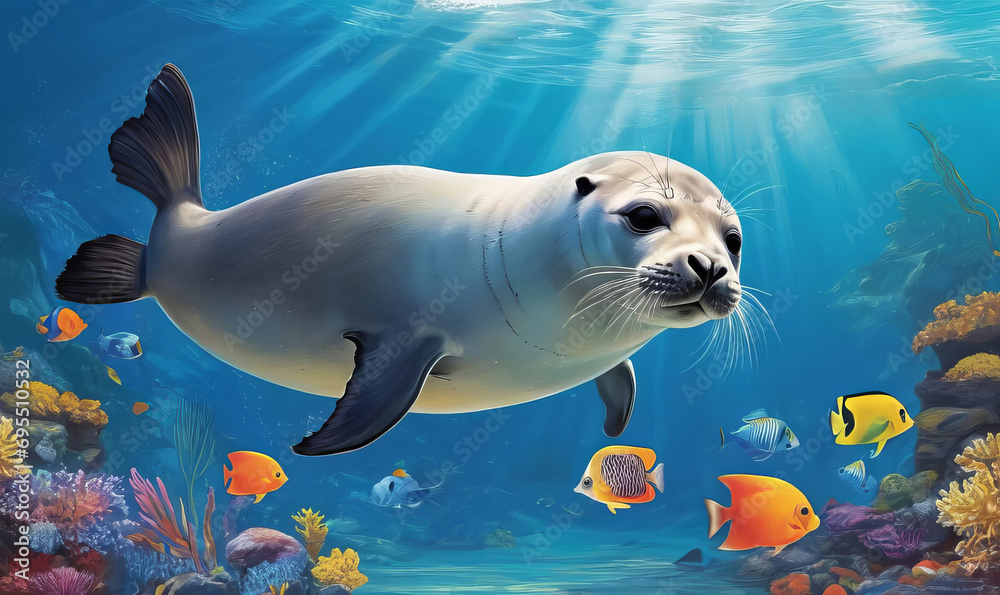 Obraz premium Seal under water at a coral reef with tropical fish. Sea lion and underwater world of ocean. Algae, corals and sea anemones on seabed.