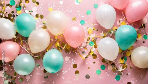 pastel balloons and white confetti on pink background top view flat lay style