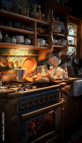 interior of an old kitchen with fire and candles. 3d rendering