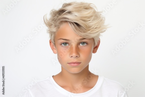 Young handsome blonde boy. Studio portrait of little kid over white background