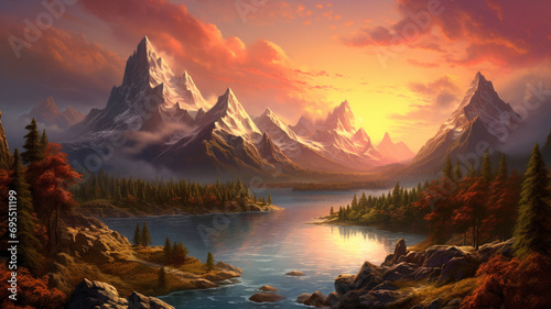 The magic of mountains during a summer sunset, as the sun dips below the horizon, casting a warm and golden glow on the peaks, creating a mesmerizing and realistic scene in high definition.