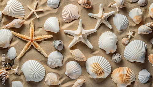 top view of a sandy beach with collection of white and beige seashells and starfish as natural textured background for summer travel design