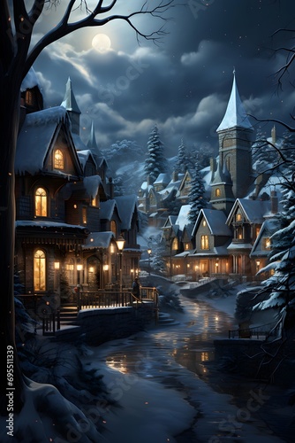 Winter night in the village. Winter fairy tale. 3d rendering