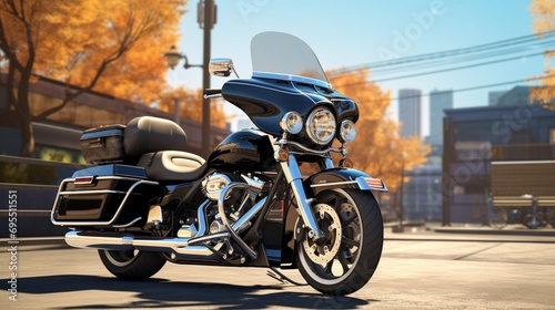 A police motorcycle parked in front of an iconic city landmark, the sleek design and polished chrome capturing the essence of urban law enforcement photo