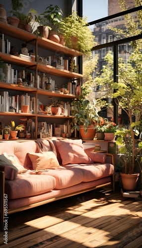Living room interior with a sofa, bookshelves and plants.