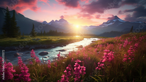 The magic of summer captured in a landscape adorned with the vibrant pink hues of Dwarf Fireweed flowers, creating a breathtaking view through the lens of an HD camera.