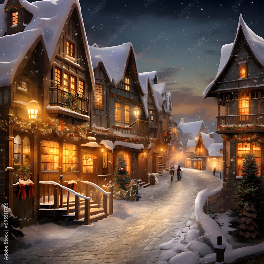Christmas village at night. Christmas and New Year holiday concept. 3d illustration