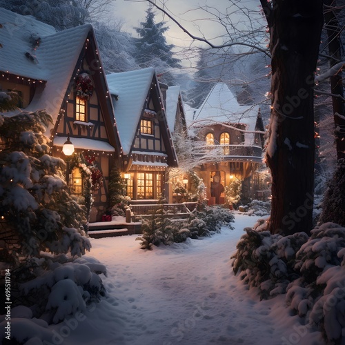 Beautiful winter landscape with cozy wooden houses in snowy forest. Christmas night.