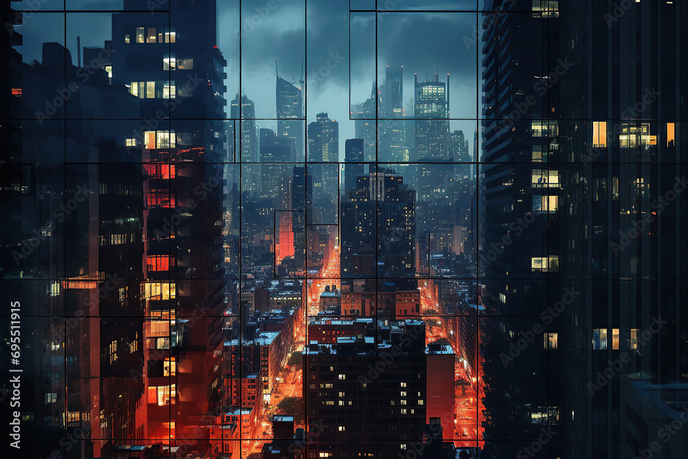 high-rise buildings with glowing windows in a big city at night, view from the window