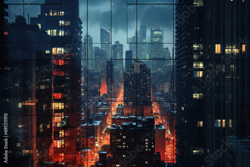 high-rise buildings with glowing windows in a big city at night, view from the window