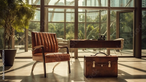 A professional briefcase placed beside an elegant leather chair against a backdrop of floor-to-ceiling windows © Muhammad
