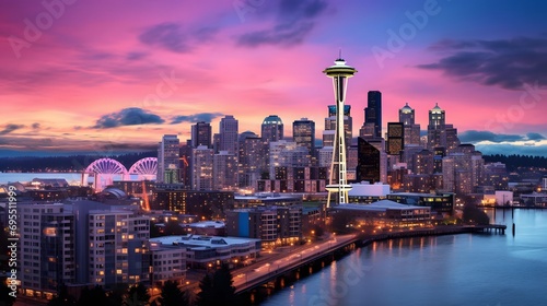Panoramic view of Seattle skyline at sunset  Washington  USA.
