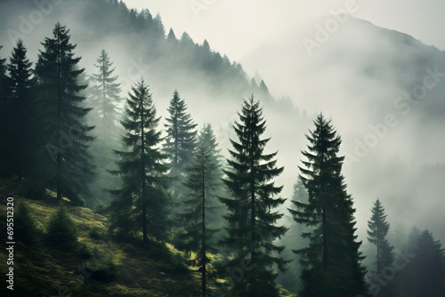 Foggy Alpine Wonderland: Trees Enveloped in Mist