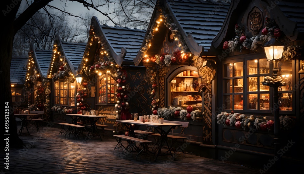 Cafe in the village at night. Christmas and New Year concept
