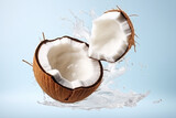 coconut on a white. Falling coconuts pieces isolated on white background with clipping path, full depth of field. Falling coconuts pieces isolated on white background with clipping path, full depth 