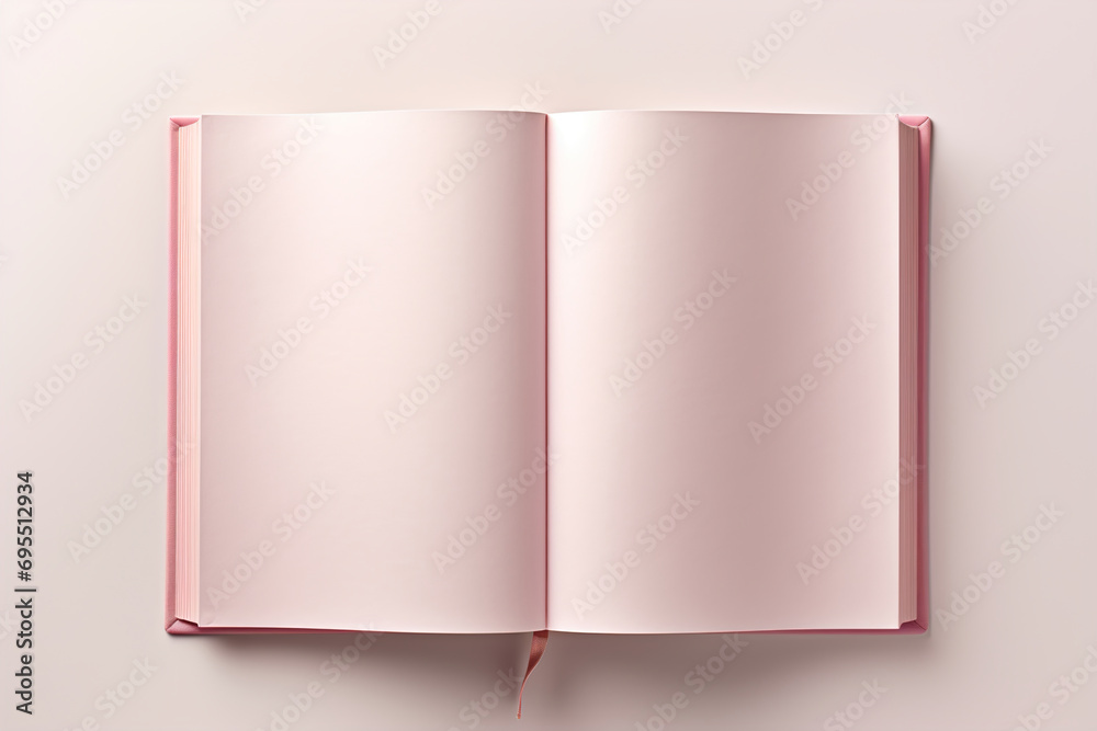 An open pink blank book mockup on a pink surface background. An open pink blank book mockup on a pink surface background.