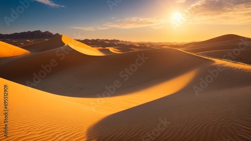 a panoramic desert view showcasing sunlit dunes, distant mountains, and a clear horizon, with highly detailed, realistic sharp details, golden hour lighting, and vibrant colors
