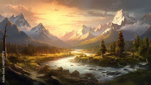 The serene beauty of a mountain valley at sunrise, with the first light casting a warm glow over the landscape, capturing the essence of a natural summer scene in stunning high definition.