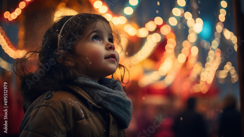 A child gazing in wonder at the carnival lights.