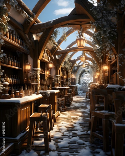 Restaurant in winter with snow in the evening. 3d rendering