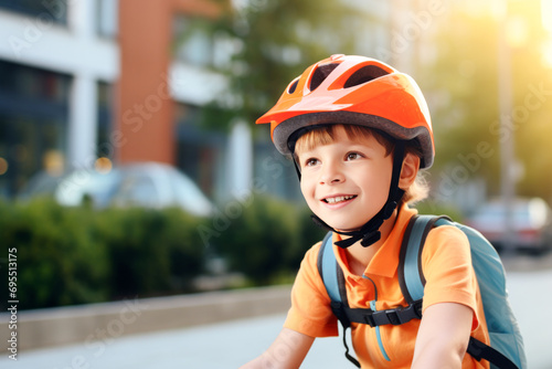 portrait of a boy riding a bike. Happy boy in bicycle helmet riding on the road on a bicycle and screaming with happiness. Portrait. Close-up. Backpack on your shoulders