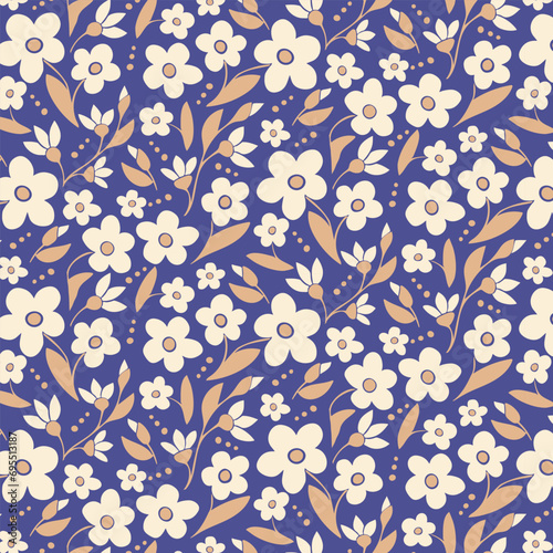 Floral abstract pattern on blue background in vintage colors. Flat hand drawn cut out flowers, leaves. Unique retro print design for textile, wallpaper, interior, wrapping paper