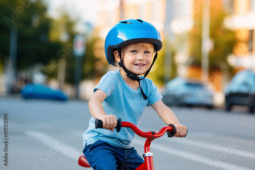 child riding a bike. portrait of a boy riding a bike. Happy boy in bicycle helmet riding on the road on a bicycle and screaming with happiness. Portrait. Close-up. Backpack on your shoulders