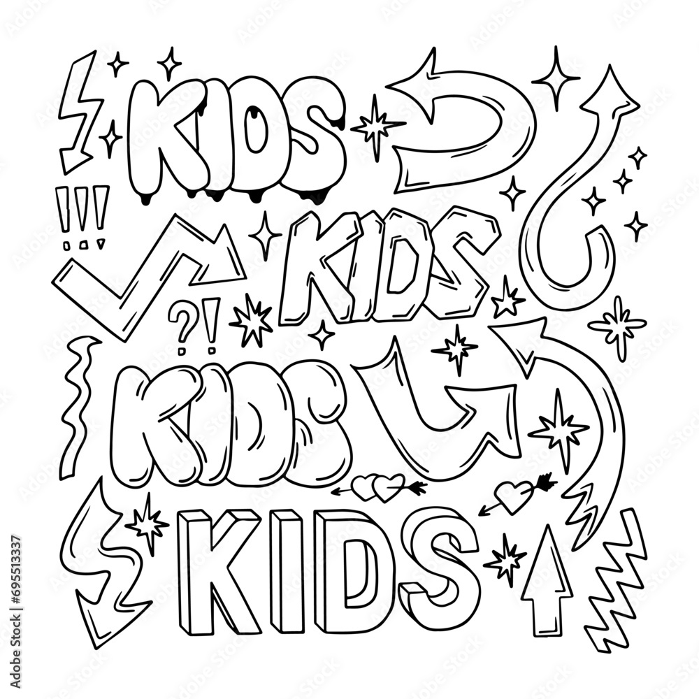 Outline doodle set with word Kids and arrows in retro 90s style. Collection of hand drawn words, arrows. Black contour sketchy signs and words in bubble, street style graffiti. Ideal for social media